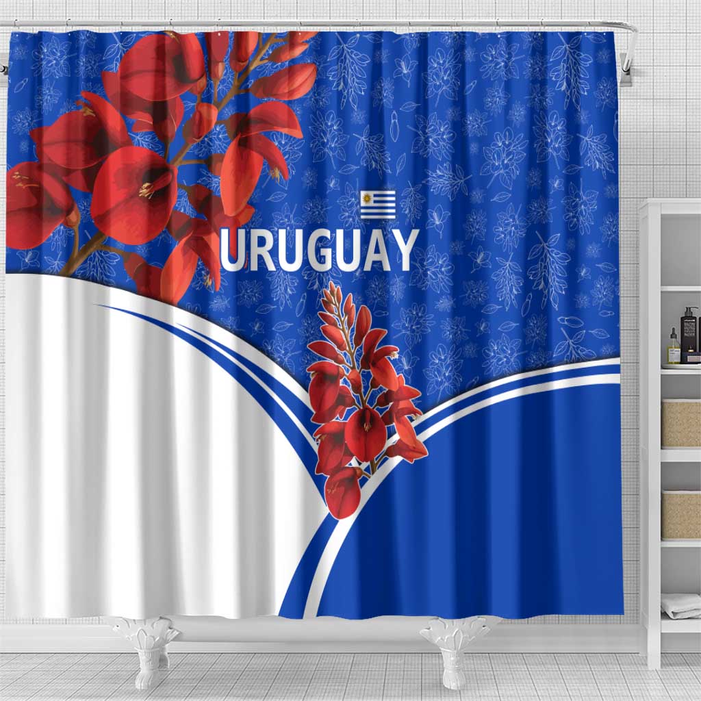 Uruguay Shower Curtain with Erythrina Flower Illustration Blue White Nature - Wonder Print Shop