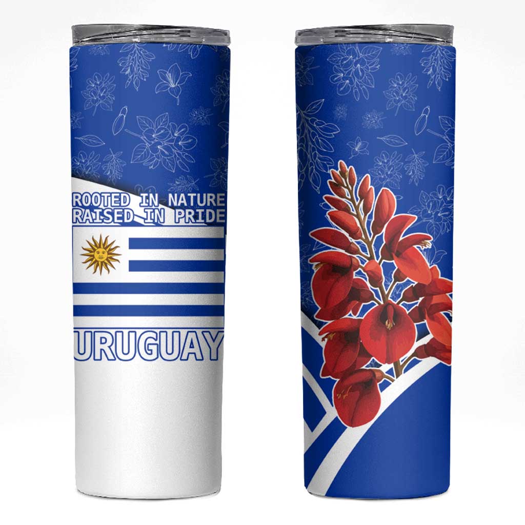 Uruguay Skinny Tumbler with Erythrina Flower Illustration Blue White Nature - Wonder Print Shop