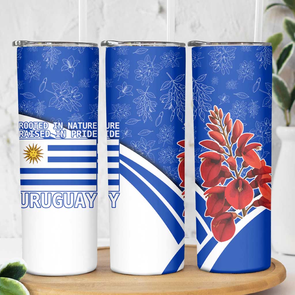 Uruguay Skinny Tumbler with Erythrina Flower Illustration Blue White Nature - Wonder Print Shop