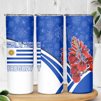 Uruguay Skinny Tumbler with Erythrina Flower Illustration Blue White Nature - Wonder Print Shop