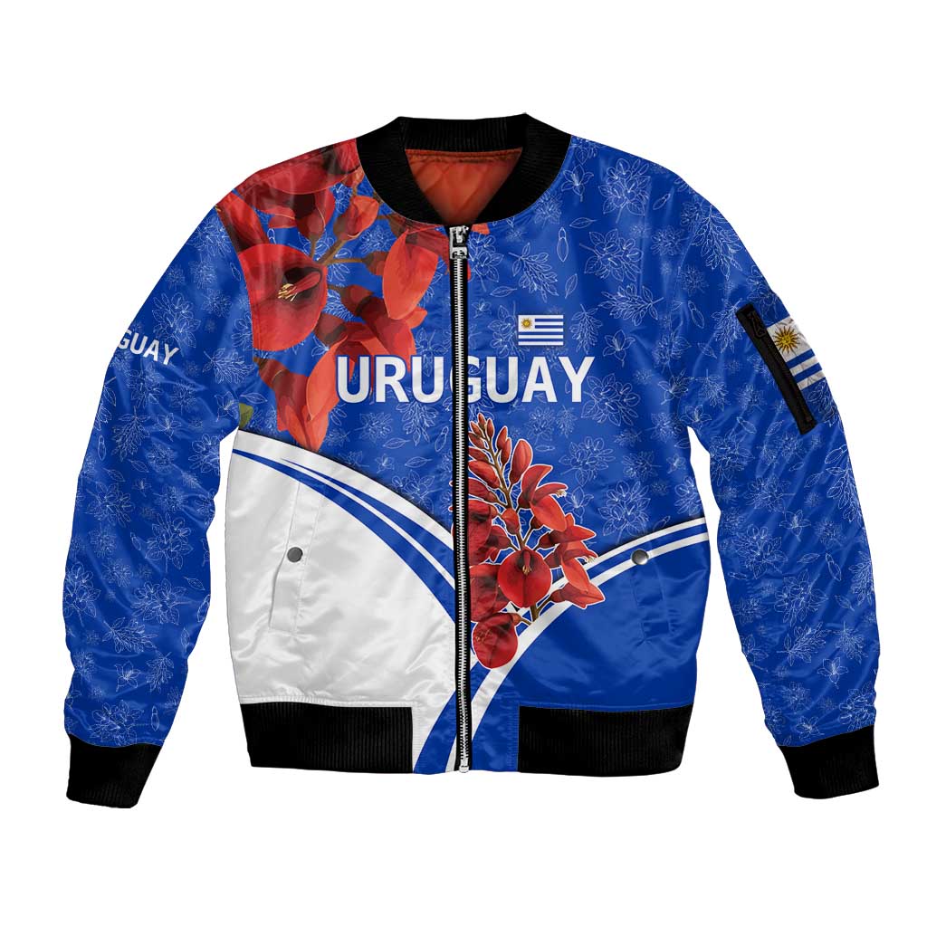Uruguay Sleeve Zip Bomber Jacket with Erythrina Flower Illustration Blue White Nature - Wonder Print Shop