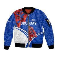 Uruguay Sleeve Zip Bomber Jacket with Erythrina Flower Illustration Blue White Nature - Wonder Print Shop