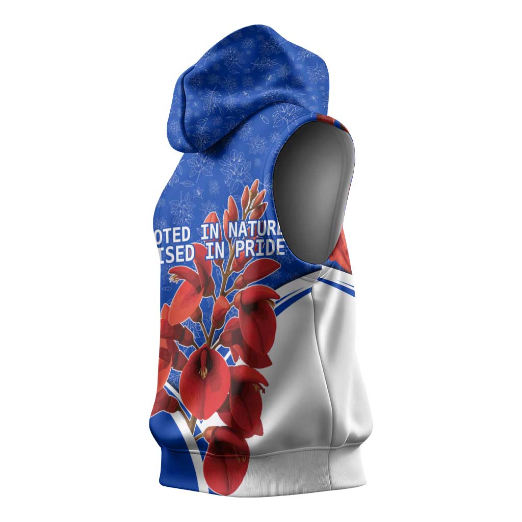 Uruguay Sleeveless Hoodie with Erythrina Flower Illustration Blue White Nature - Wonder Print Shop