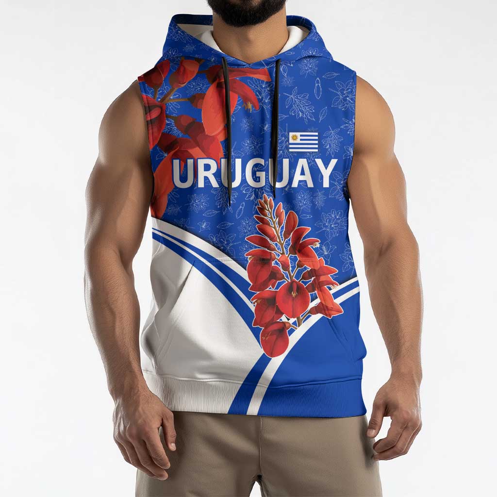 Uruguay Sleeveless Hoodie with Erythrina Flower Illustration Blue White Nature - Wonder Print Shop