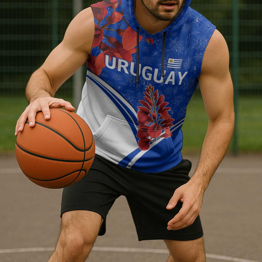 Uruguay Sleeveless Hoodie with Erythrina Flower Illustration Blue White Nature - Wonder Print Shop