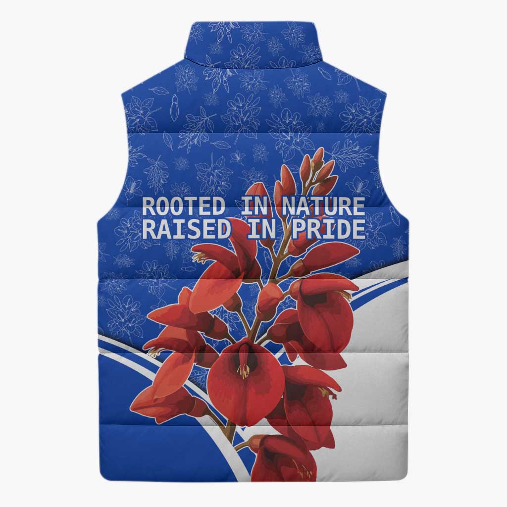 Uruguay Sleeveless Puffer Jacket with Erythrina Flower Illustration Blue White Nature - Wonder Print Shop