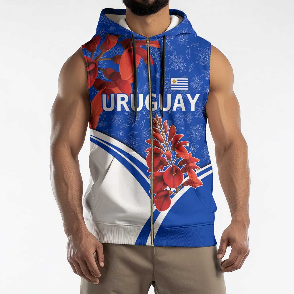 Uruguay Sleeveless Zip Hoodie with Erythrina Flower Illustration Blue White Nature - Wonder Print Shop