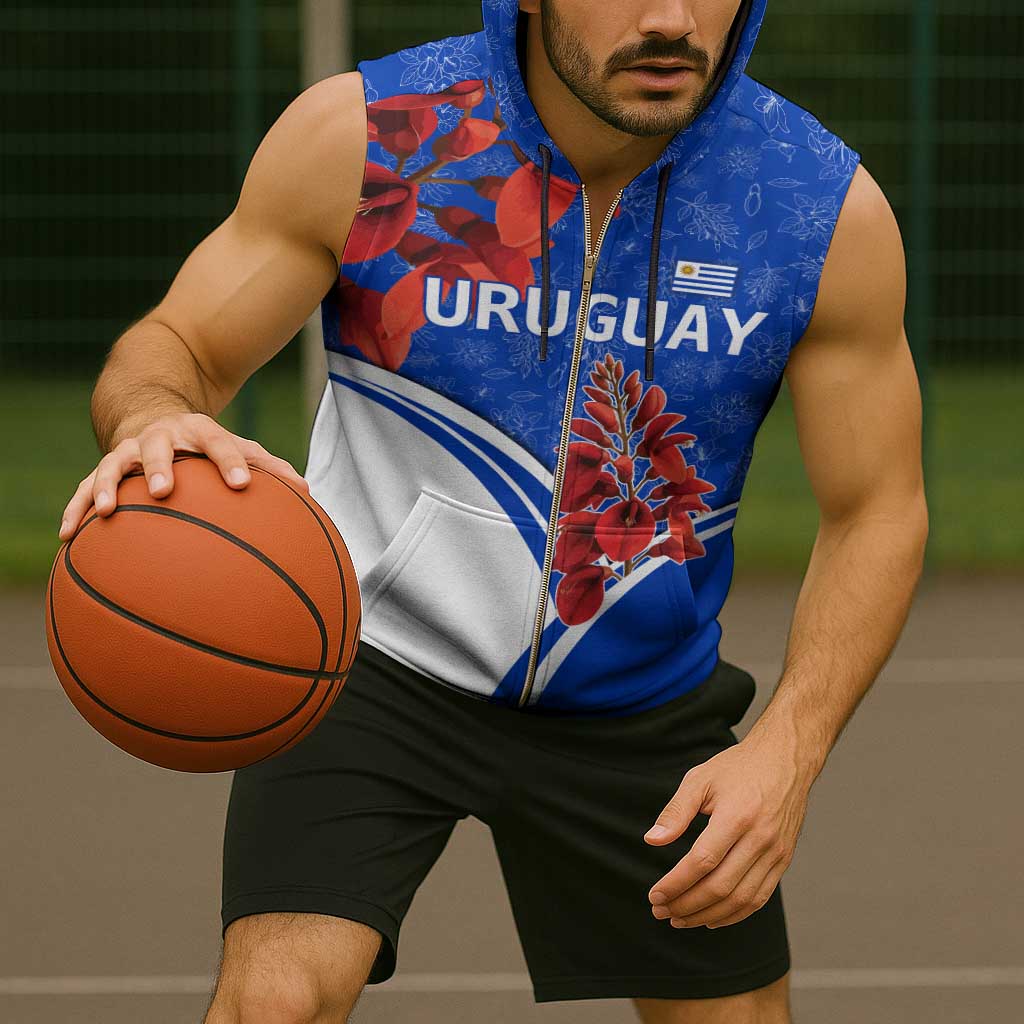 Uruguay Sleeveless Zip Hoodie with Erythrina Flower Illustration Blue White Nature - Wonder Print Shop