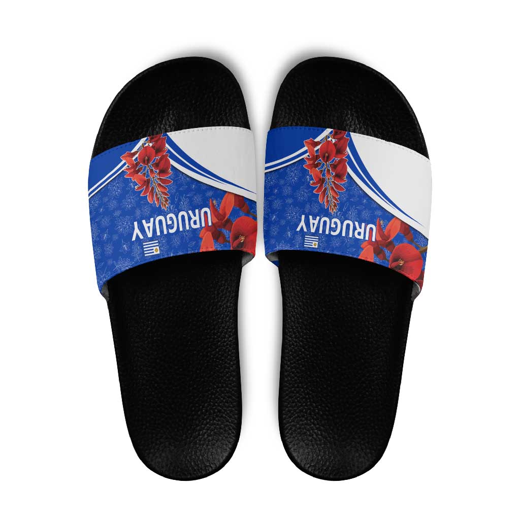 Uruguay Slide Sandals with Erythrina Flower Illustration Blue White Nature - Wonder Print Shop