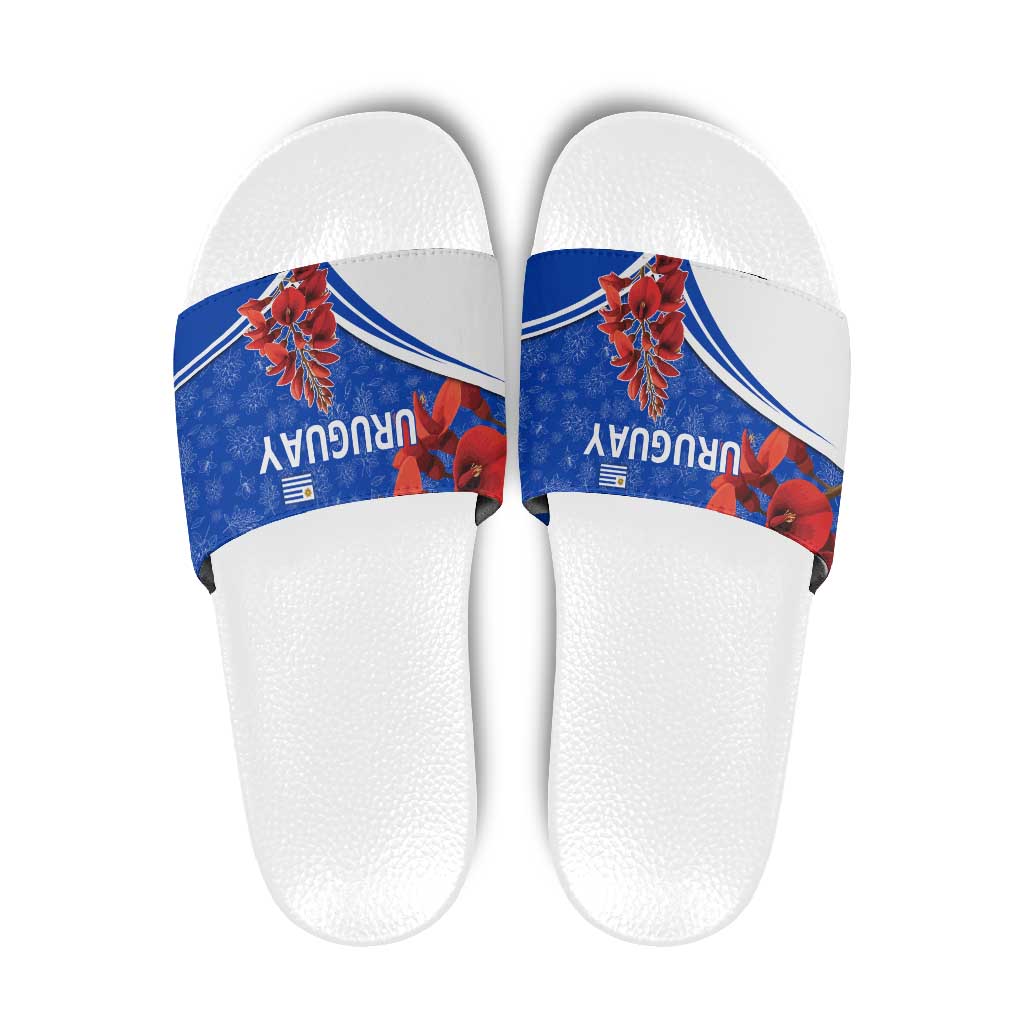 Uruguay Slide Sandals with Erythrina Flower Illustration Blue White Nature - Wonder Print Shop