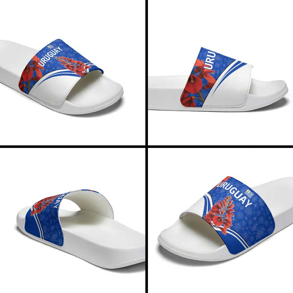 Uruguay Slide Sandals with Erythrina Flower Illustration Blue White Nature - Wonder Print Shop