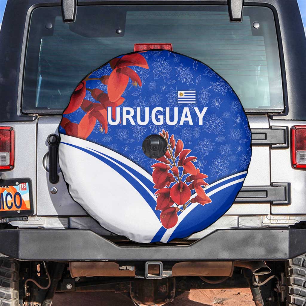 Uruguay Spare Tire Cover with Erythrina Flower Illustration Blue White Nature - Wonder Print Shop