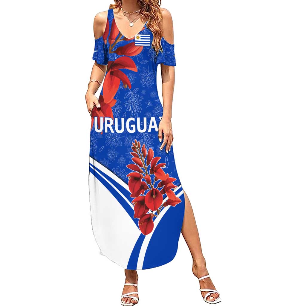 Uruguay Summer Maxi Dress with Erythrina Flower Illustration Blue White Nature - Wonder Print Shop