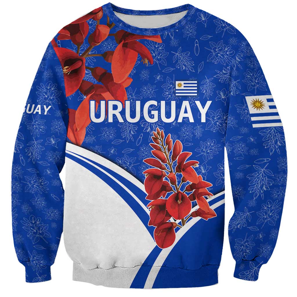 Uruguay Sweatshirt with Erythrina Flower Illustration Blue White Nature - Wonder Print Shop