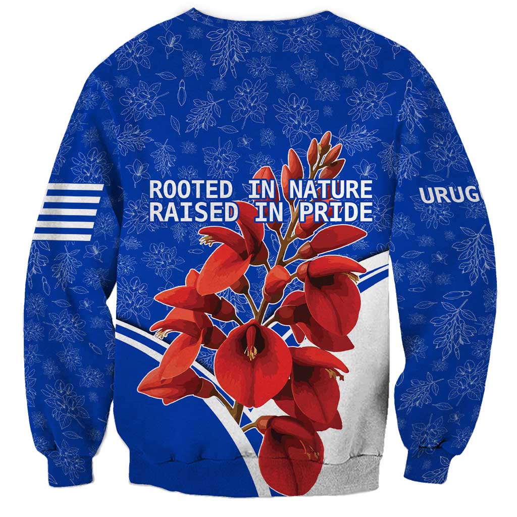 Uruguay Sweatshirt with Erythrina Flower Illustration Blue White Nature - Wonder Print Shop