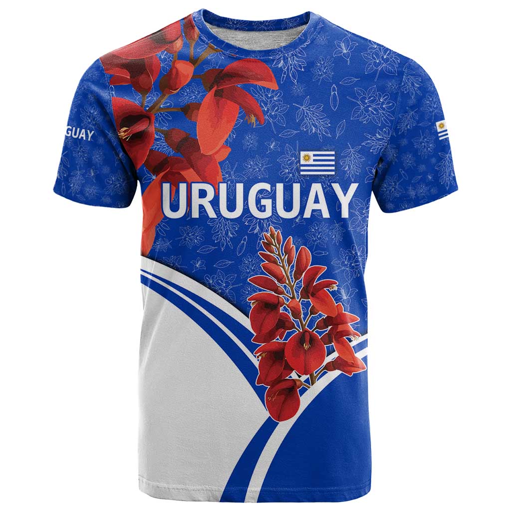 Uruguay T Shirt with Erythrina Flower Illustration Blue White Nature - Wonder Print Shop