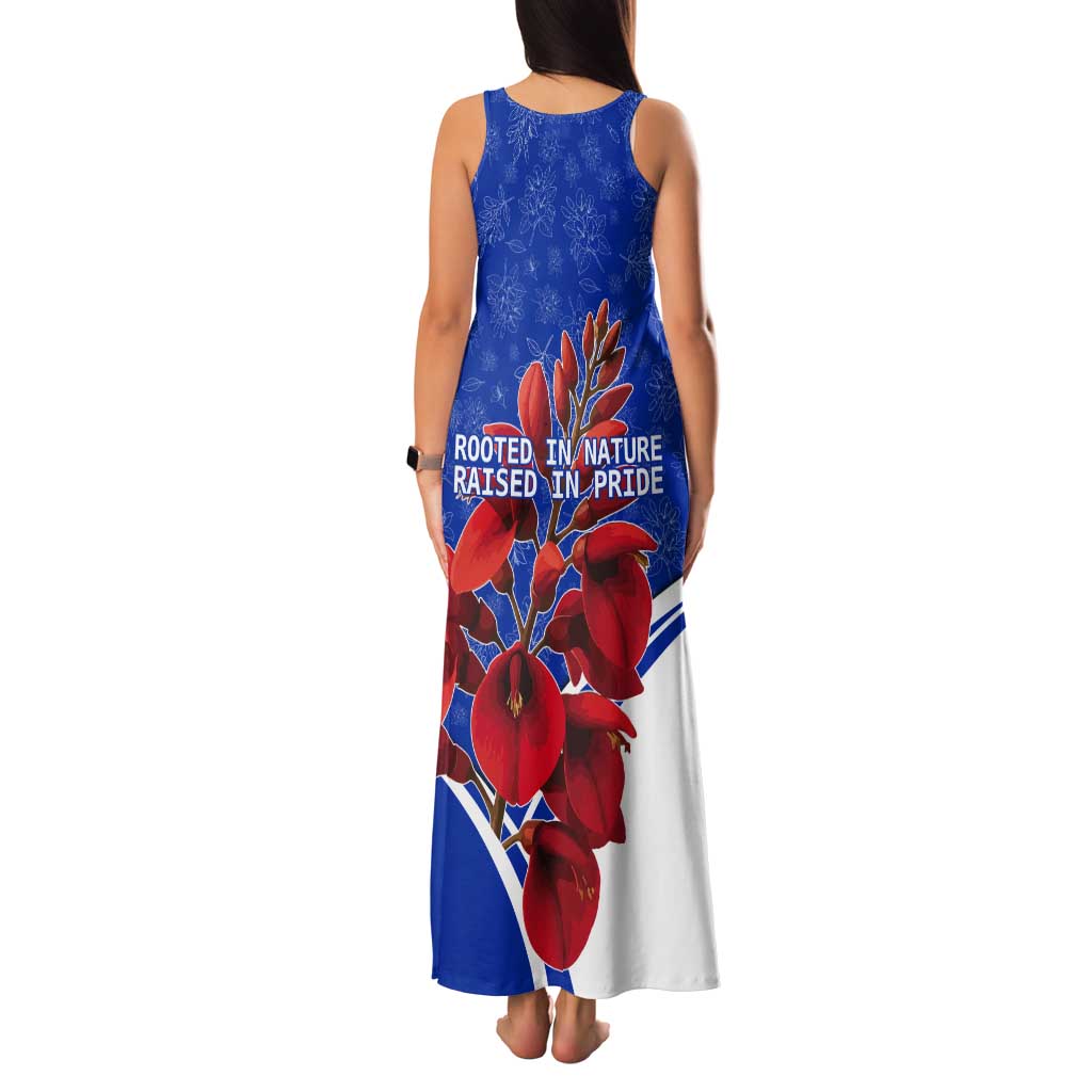Uruguay Tank Maxi Dress with Erythrina Flower Illustration Blue White Nature - Wonder Print Shop