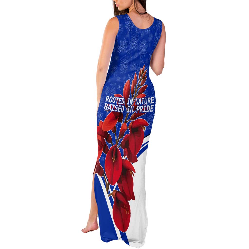 Uruguay Tank Maxi Dress with Erythrina Flower Illustration Blue White Nature - Wonder Print Shop