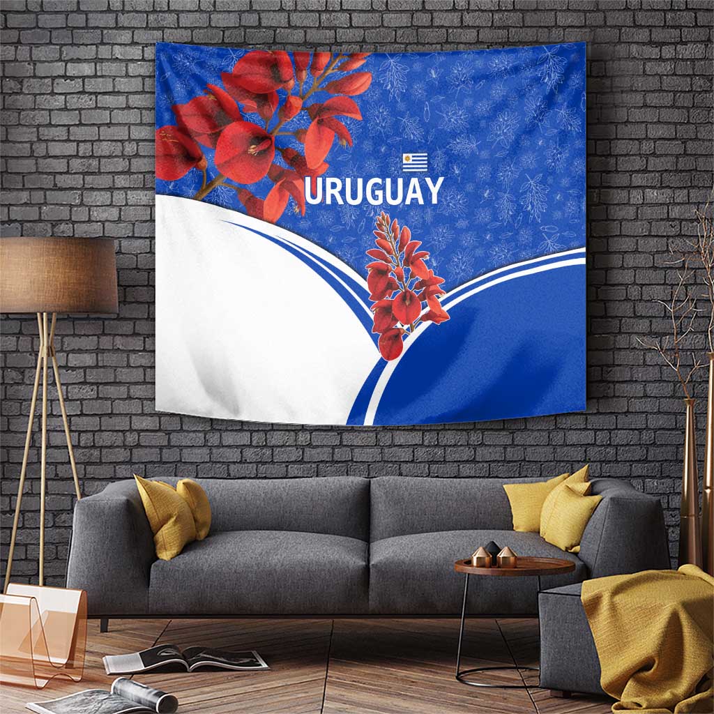 Uruguay Tapestry with Erythrina Flower Illustration Blue White Nature - Wonder Print Shop