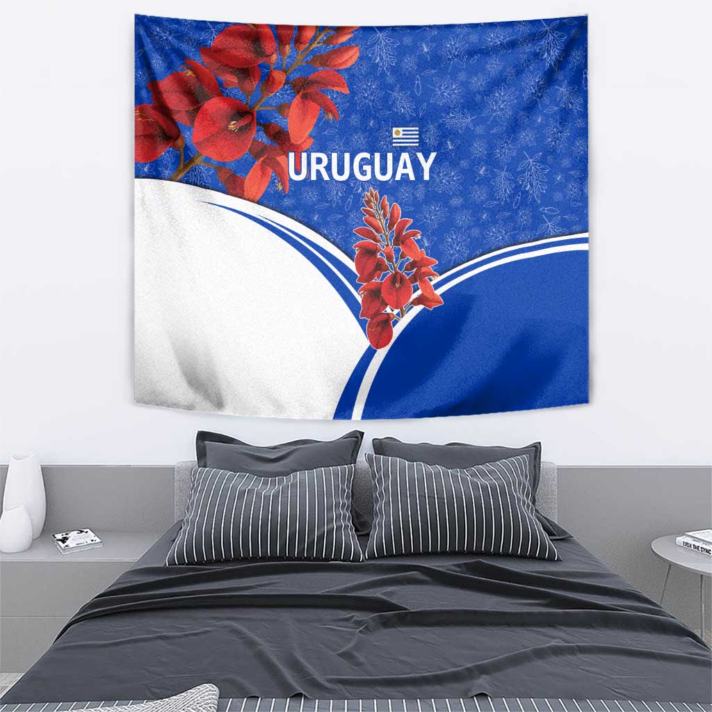 Uruguay Tapestry with Erythrina Flower Illustration Blue White Nature - Wonder Print Shop