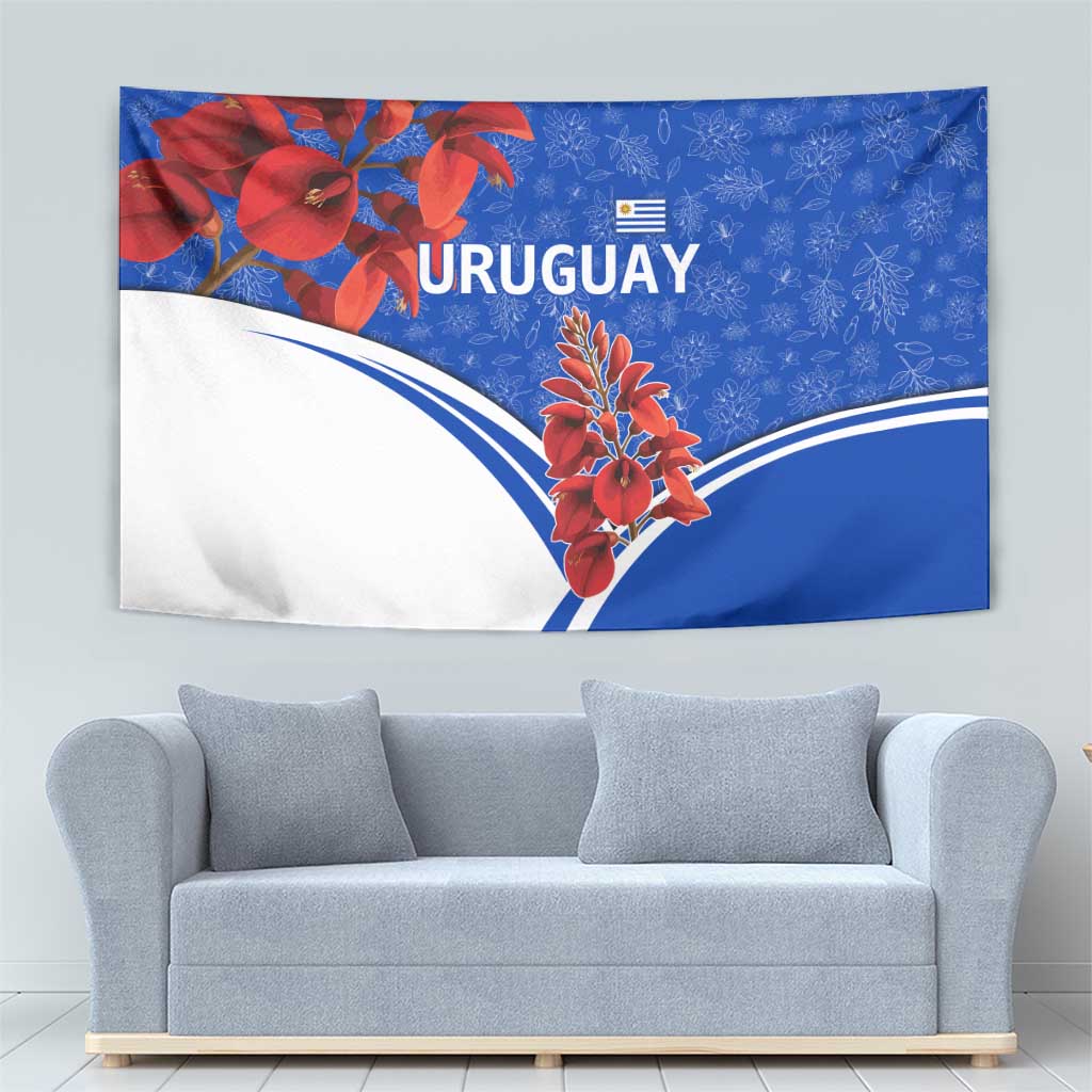 Uruguay Tapestry with Erythrina Flower Illustration Blue White Nature - Wonder Print Shop