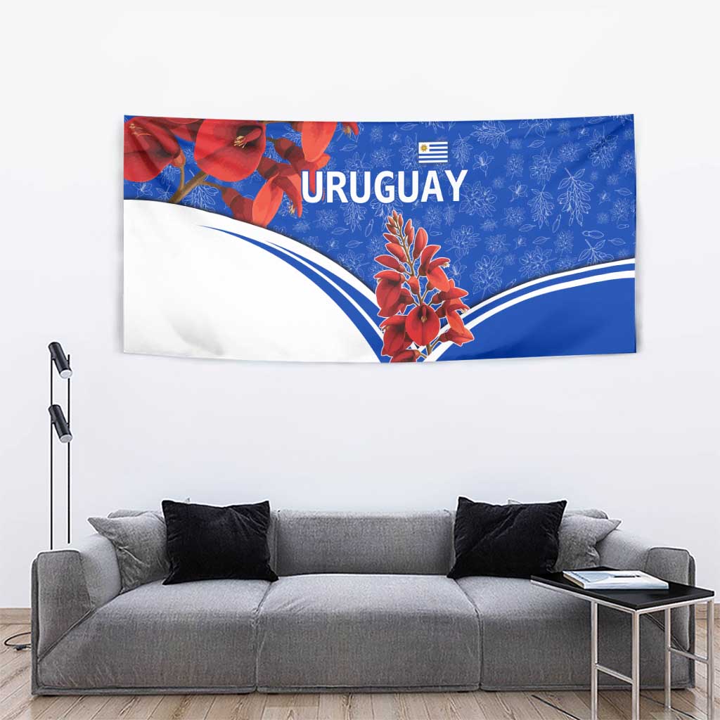 Uruguay Tapestry with Erythrina Flower Illustration Blue White Nature - Wonder Print Shop