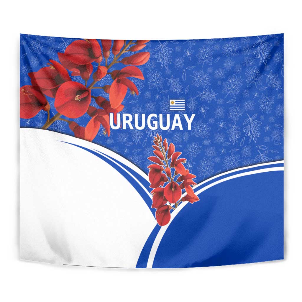 Uruguay Tapestry with Erythrina Flower Illustration Blue White Nature - Wonder Print Shop