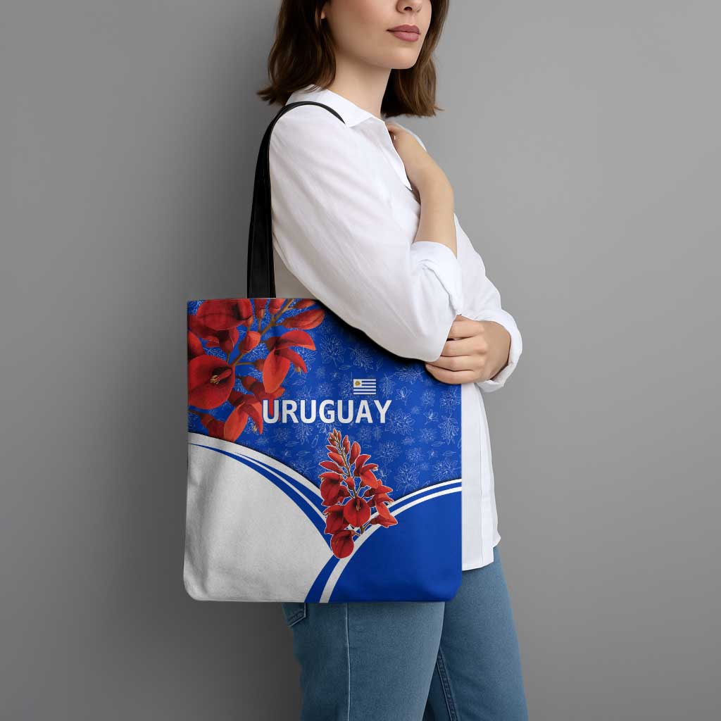 Uruguay Tote Bag with Erythrina Flower Illustration Blue White Nature - Wonder Print Shop