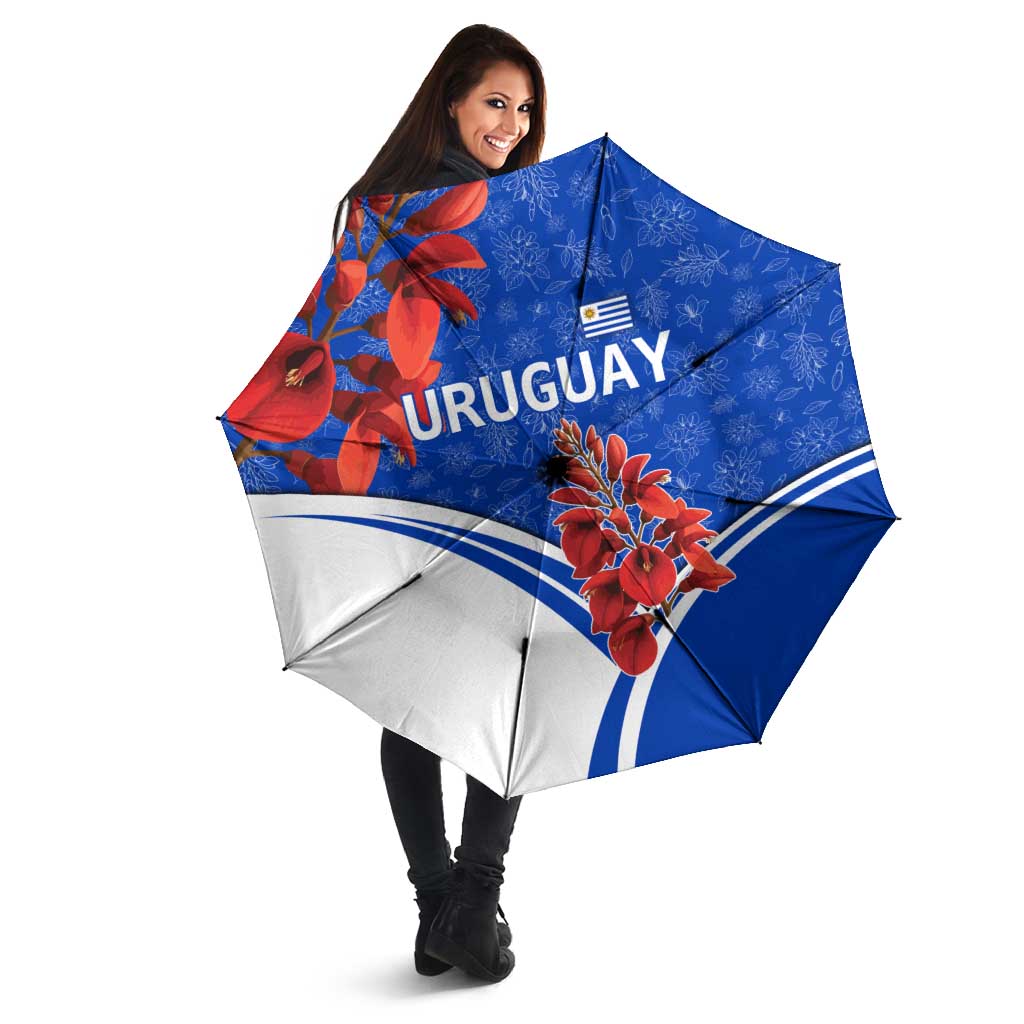 Uruguay Umbrella with Erythrina Flower Illustration Blue White Nature - Wonder Print Shop