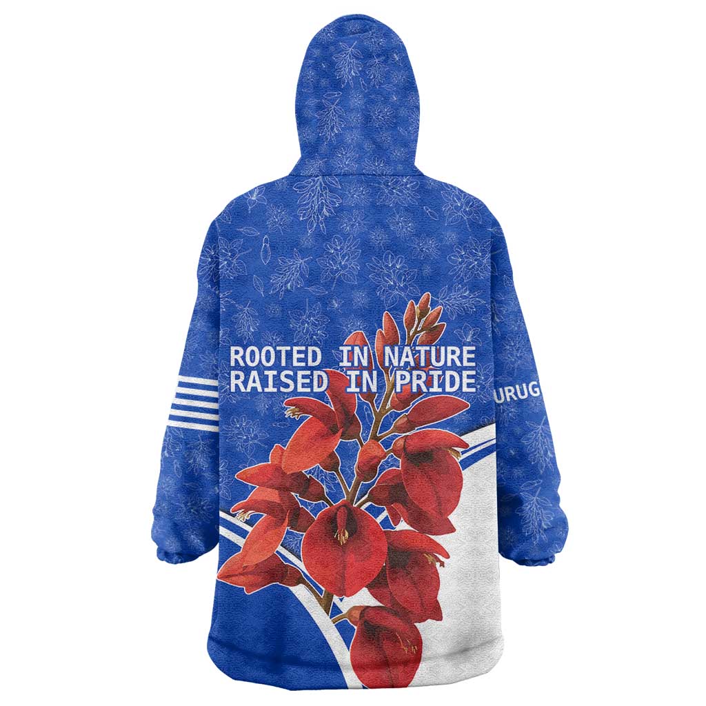 Uruguay Wearable Blanket Hoodie with Erythrina Flower Illustration Blue White Nature - Wonder Print Shop