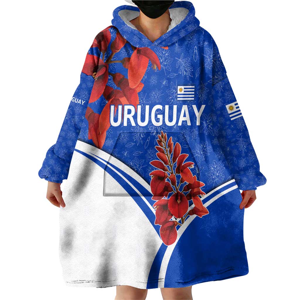 Uruguay Wearable Blanket Hoodie with Erythrina Flower Illustration Blue White Nature - Wonder Print Shop