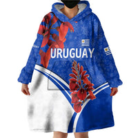 Uruguay Wearable Blanket Hoodie with Erythrina Flower Illustration Blue White Nature - Wonder Print Shop