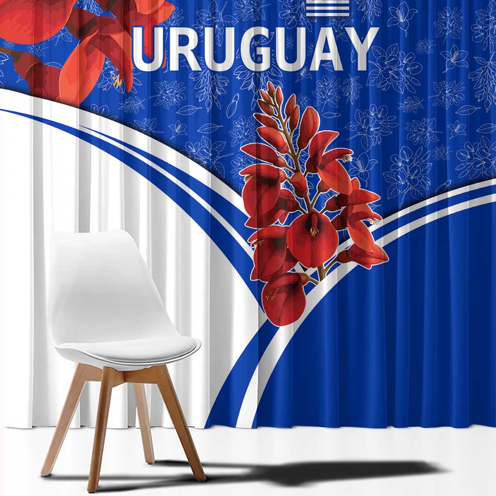 Uruguay Window Curtain with Erythrina Flower Illustration Blue White Nature - Wonder Print Shop