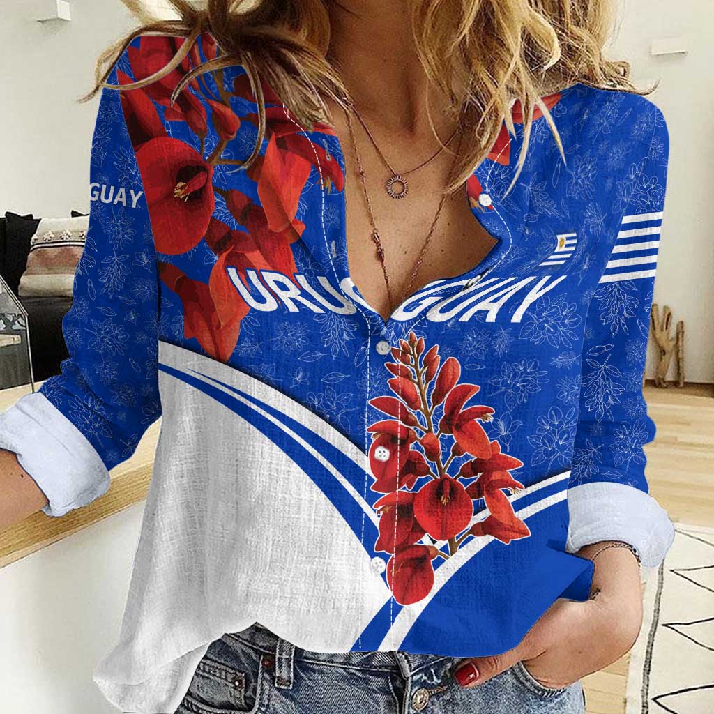 Uruguay Women Casual Shirt with Erythrina Flower Illustration Blue White Nature - Wonder Print Shop