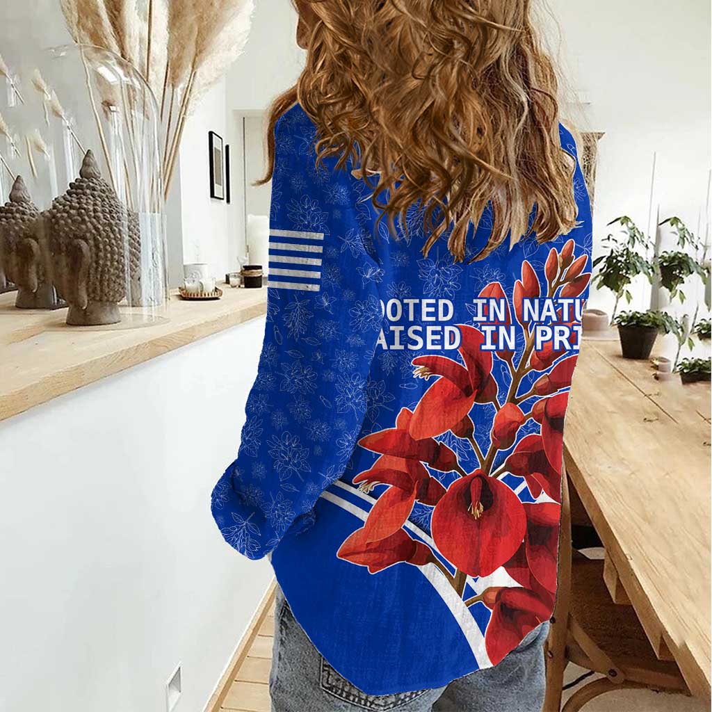 Uruguay Women Casual Shirt with Erythrina Flower Illustration Blue White Nature - Wonder Print Shop