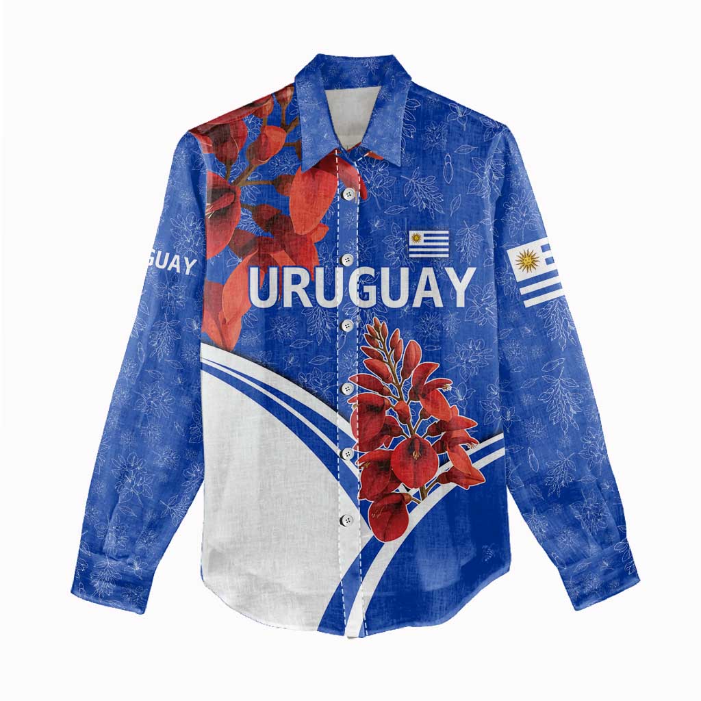 Uruguay Women Casual Shirt with Erythrina Flower Illustration Blue White Nature - Wonder Print Shop