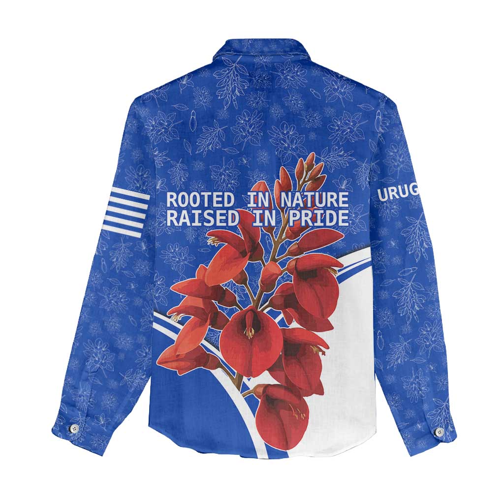 Uruguay Women Casual Shirt with Erythrina Flower Illustration Blue White Nature - Wonder Print Shop