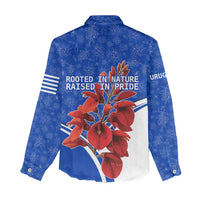 Uruguay Women Casual Shirt with Erythrina Flower Illustration Blue White Nature - Wonder Print Shop