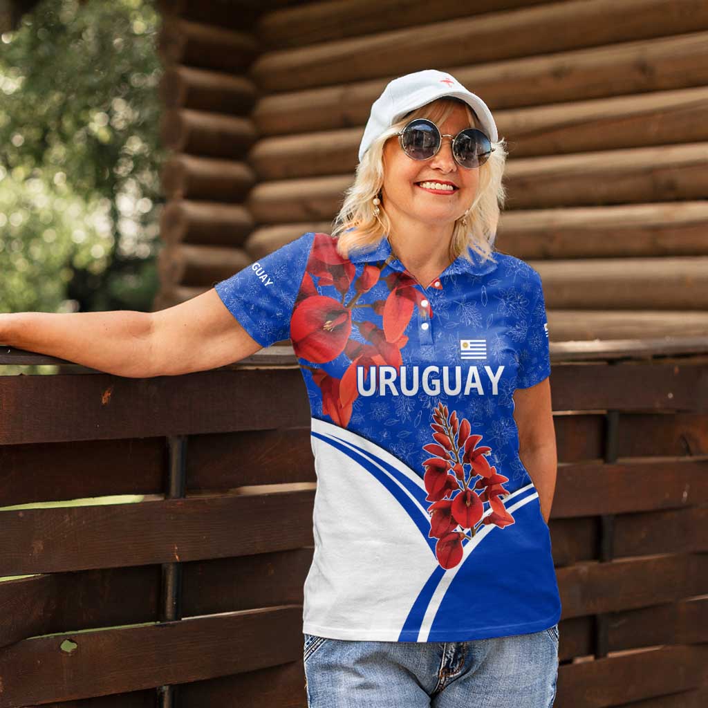 Uruguay Women Polo Shirt with Erythrina Flower Illustration Blue White Nature - Wonder Print Shop