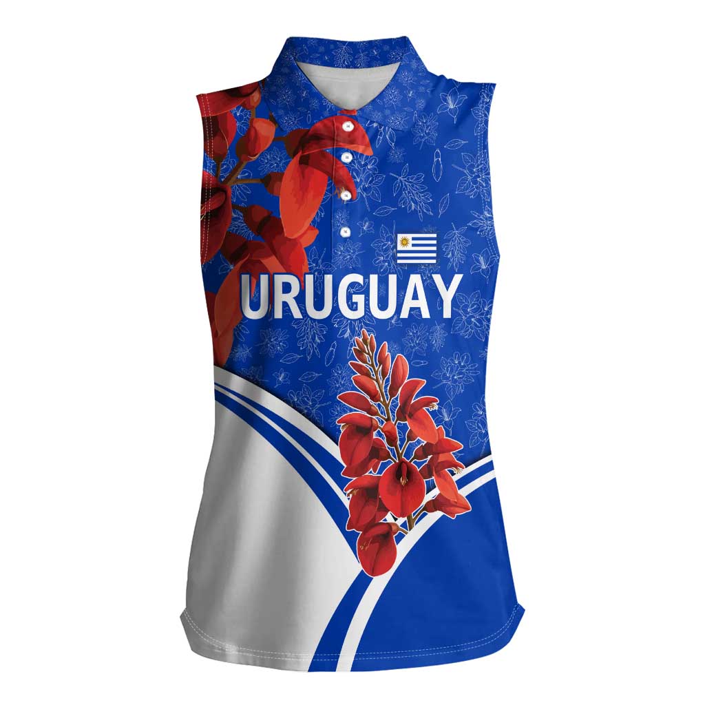 Uruguay Women Sleeveless Polo Shirt with Erythrina Flower Illustration Blue White Nature - Wonder Print Shop