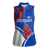 Uruguay Women Sleeveless Polo Shirt with Erythrina Flower Illustration Blue White Nature - Wonder Print Shop