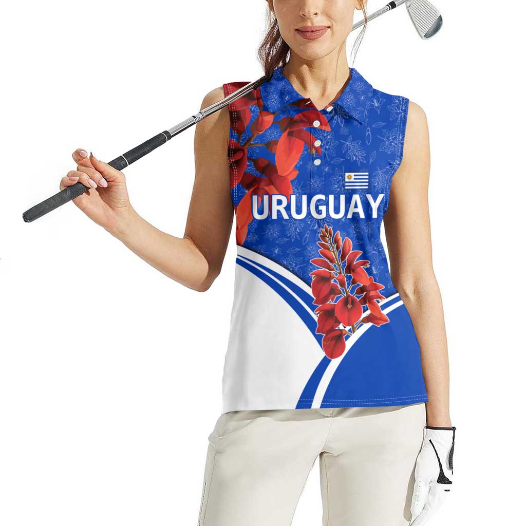 Uruguay Women Sleeveless Polo Shirt with Erythrina Flower Illustration Blue White Nature - Wonder Print Shop