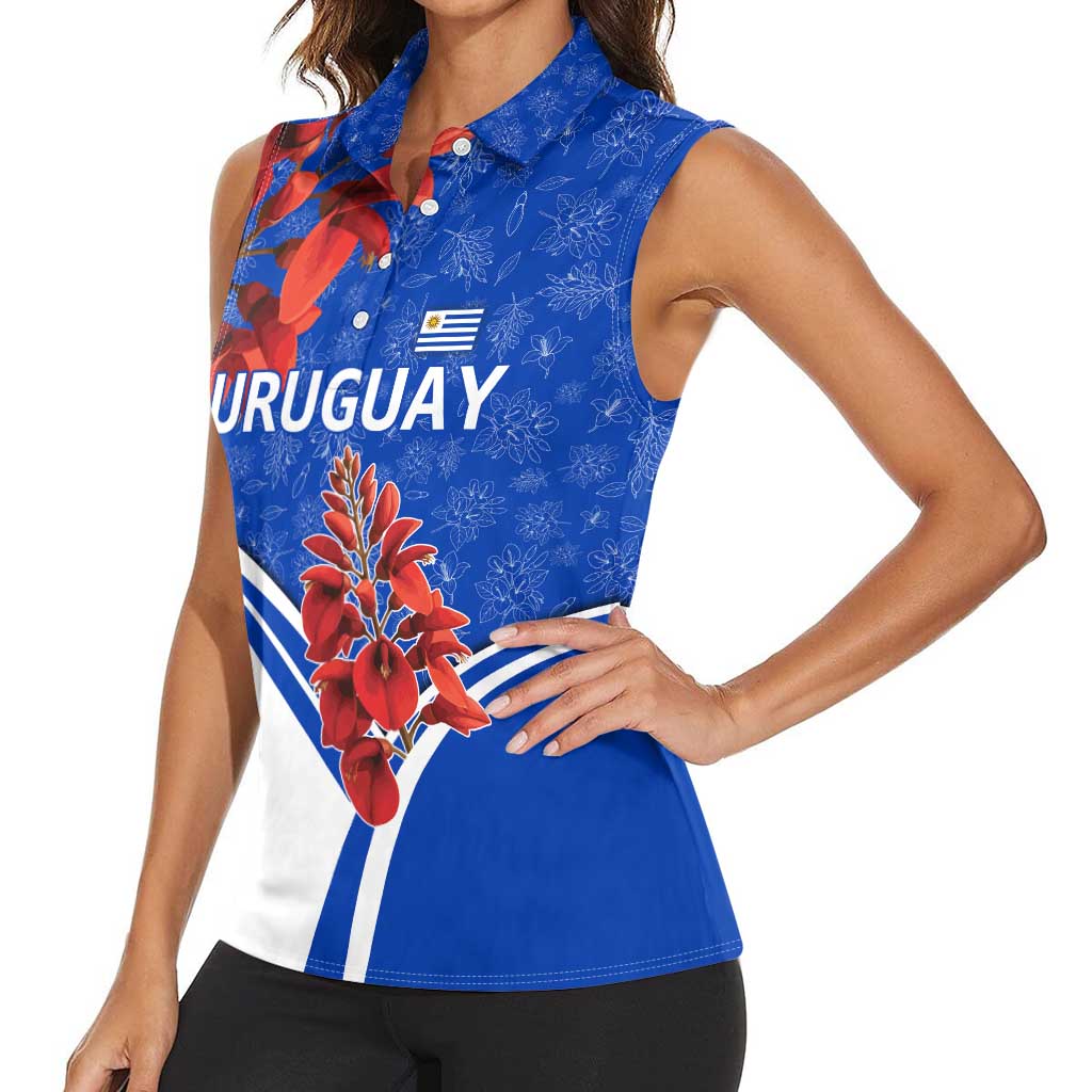 Uruguay Women Sleeveless Polo Shirt with Erythrina Flower Illustration Blue White Nature - Wonder Print Shop