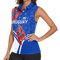 Uruguay Women Sleeveless Polo Shirt with Erythrina Flower Illustration Blue White Nature - Wonder Print Shop