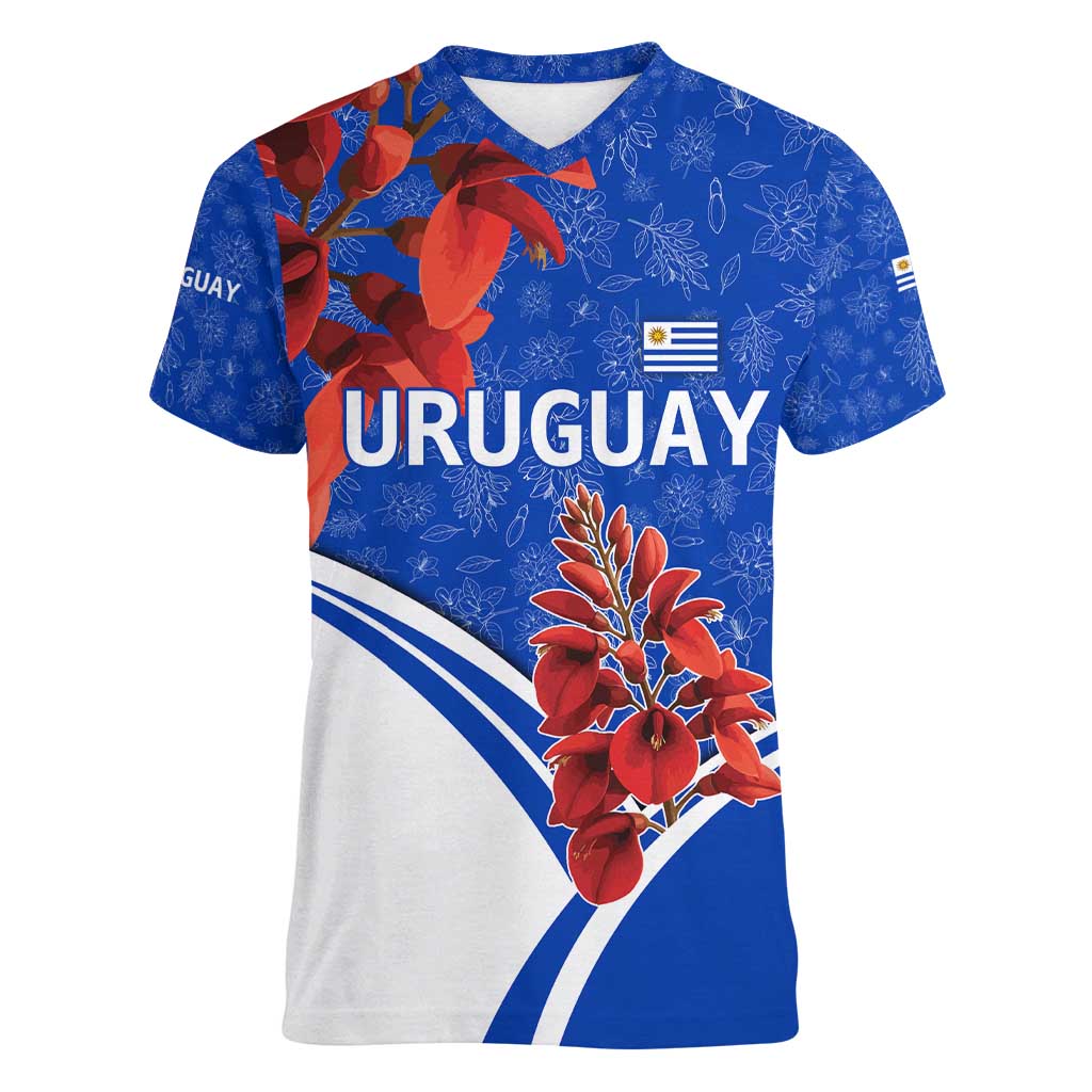 Uruguay Women V-Neck T-Shirt with Erythrina Flower Illustration Blue White Nature - Wonder Print Shop