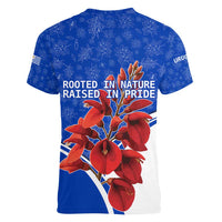 Uruguay Women V-Neck T-Shirt with Erythrina Flower Illustration Blue White Nature - Wonder Print Shop