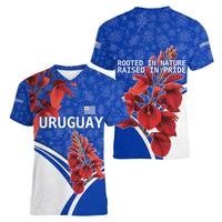 Uruguay Women V-Neck T-Shirt with Erythrina Flower Illustration Blue White Nature - Wonder Print Shop