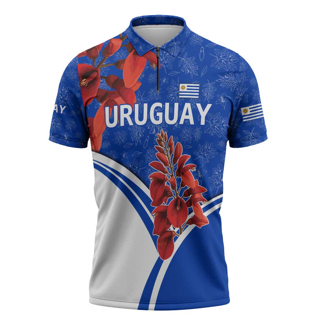 Uruguay Zipper Polo Shirt with Erythrina Flower Illustration Blue White Nature - Wonder Print Shop