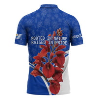 Uruguay Zipper Polo Shirt with Erythrina Flower Illustration Blue White Nature - Wonder Print Shop