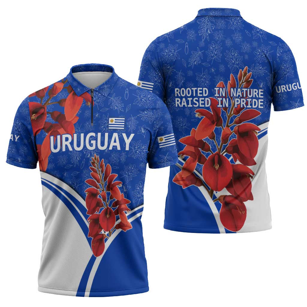 Uruguay Zipper Polo Shirt with Erythrina Flower Illustration Blue White Nature - Wonder Print Shop
